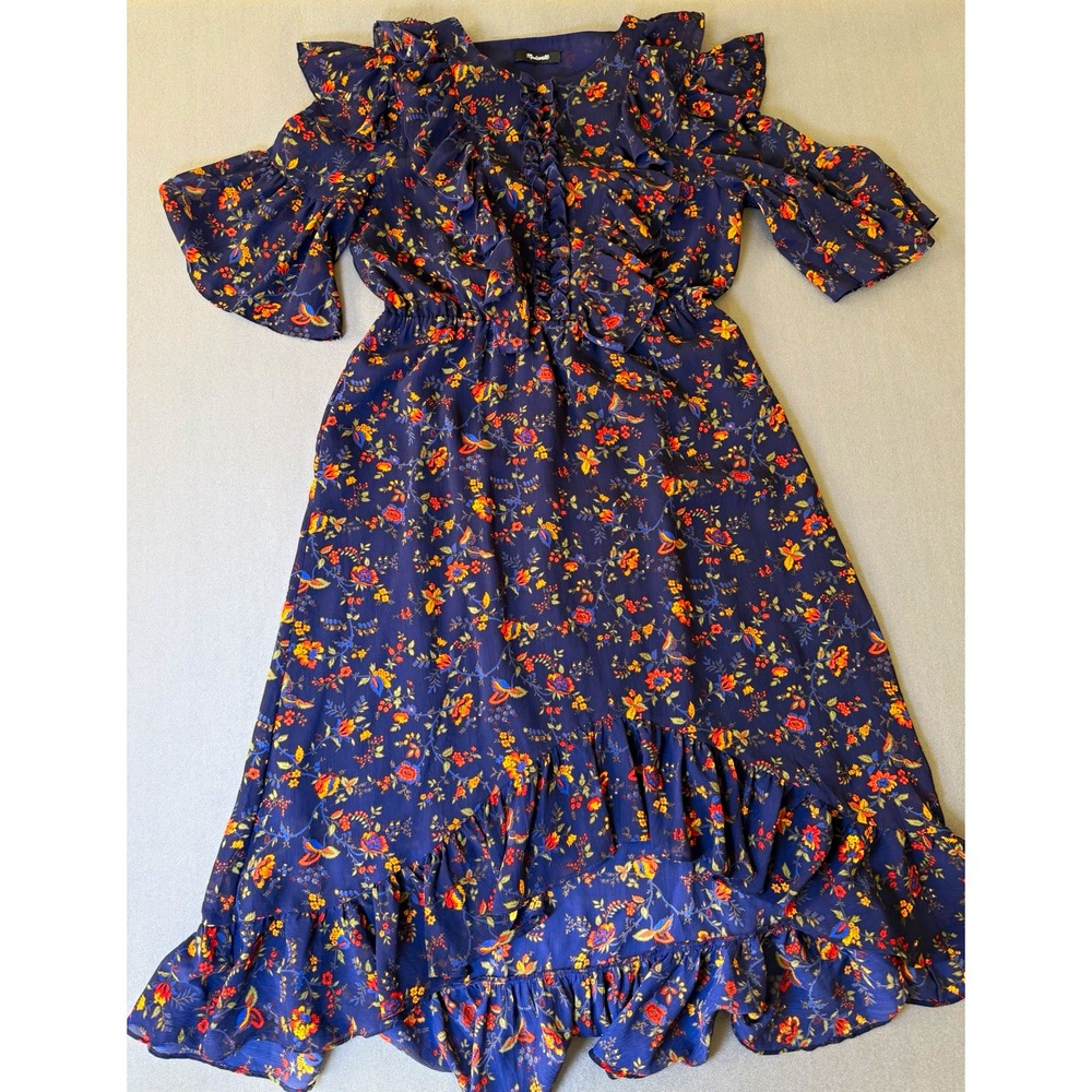 Madewell Navy Floral Ruffle Midi Maxi Dress Boho Romantic Flutter Sleeve